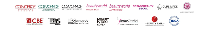 글로벌 전시회 참가 — COSMOPROF (Asia·North America·Bologna), Beautyworld (Middle East·Japan Tokyo), COSMOBEAUTY SEOUL, CURL MADE, CBE, EBS, IBS New York, K-Beauty Expo Korea, interCHARM, Beauty Fair, INCA